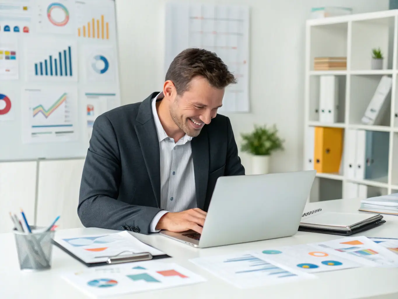 A business owner using accounting software on a laptop, with charts and graphs displayed on the screen, illustrating the use of technology for cash flow management.