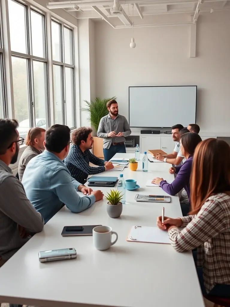 A diverse group of small business owners are attending a financial planning workshop, taking notes and engaging with the presenter.
