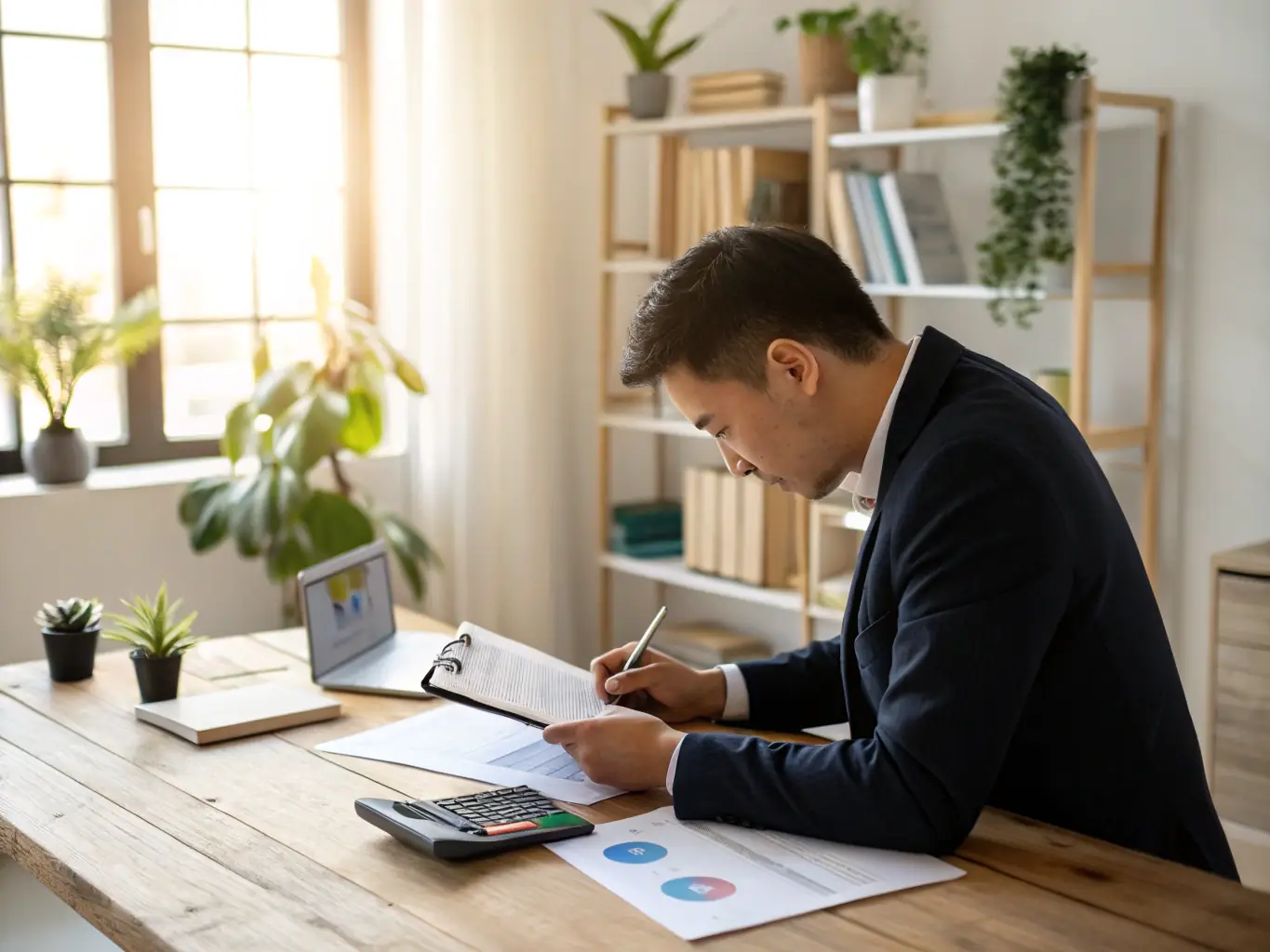 A small business owner reviewing financial statements at a desk, with a calculator and pen in hand, symbolizing careful cash flow analysis and planning.