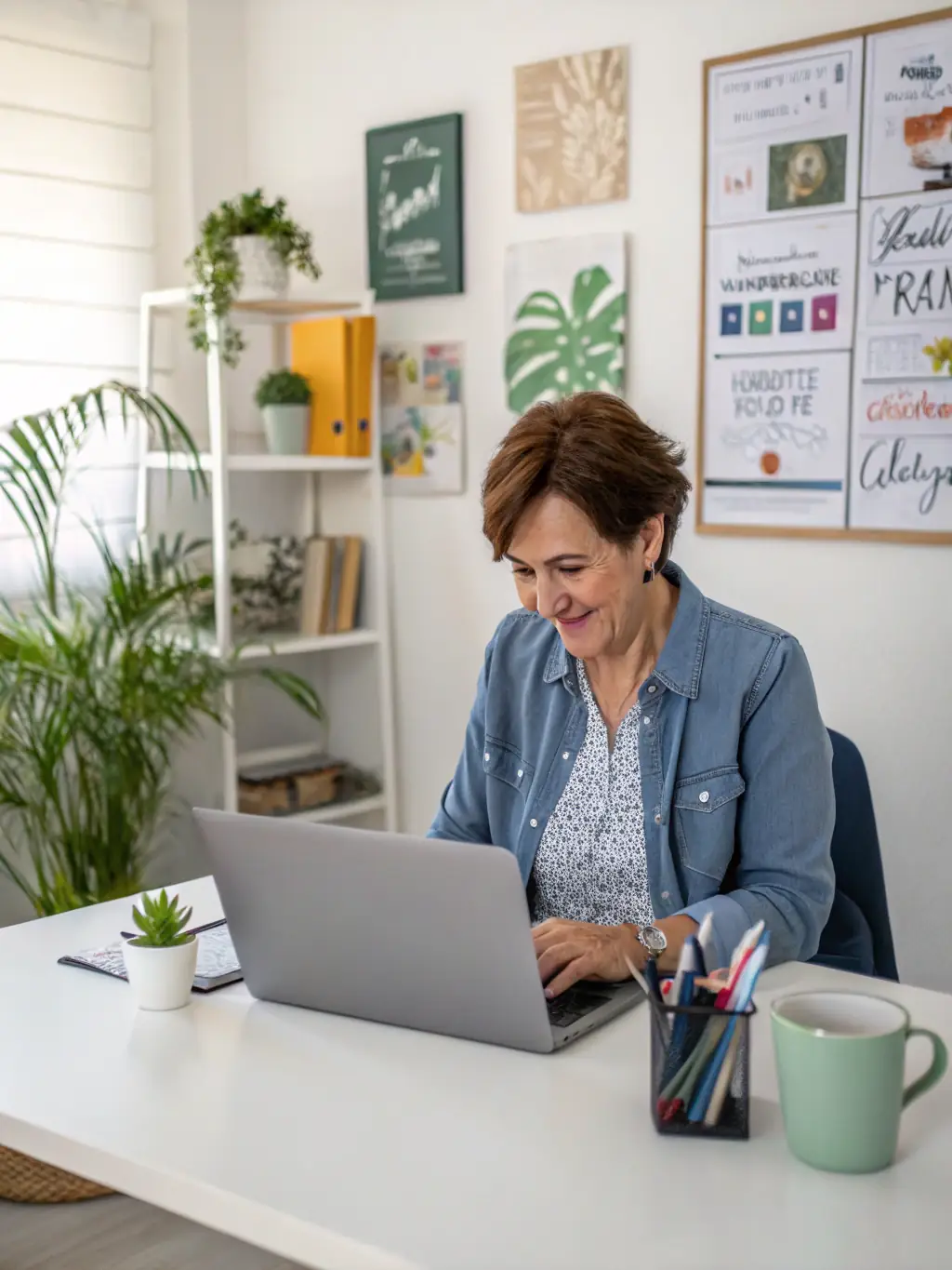 A small business owner is using budgeting software on a laptop, with charts and graphs illustrating income and expenses.
